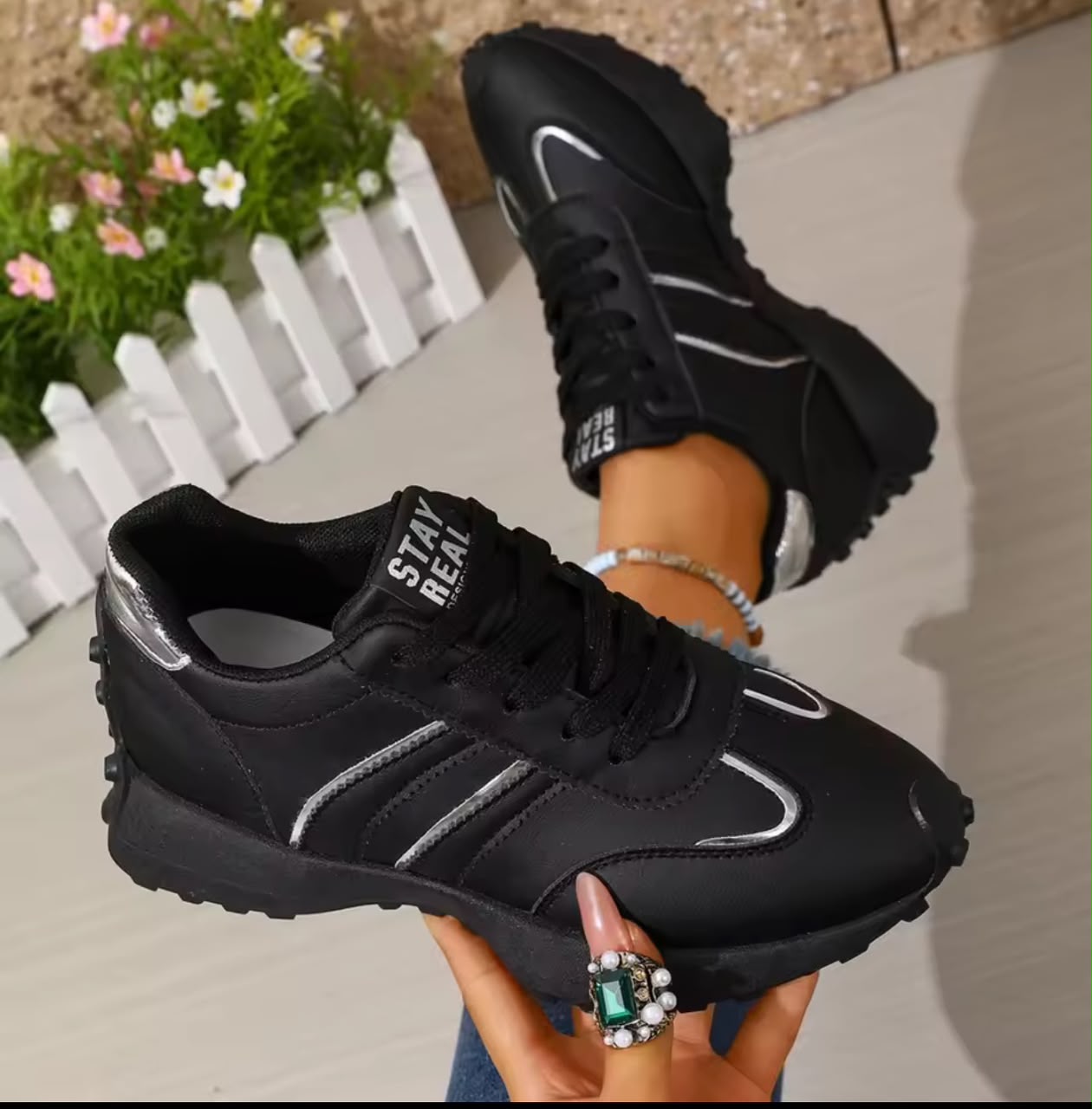 Stay Real Black Sneakers with Silver Stripes image 4