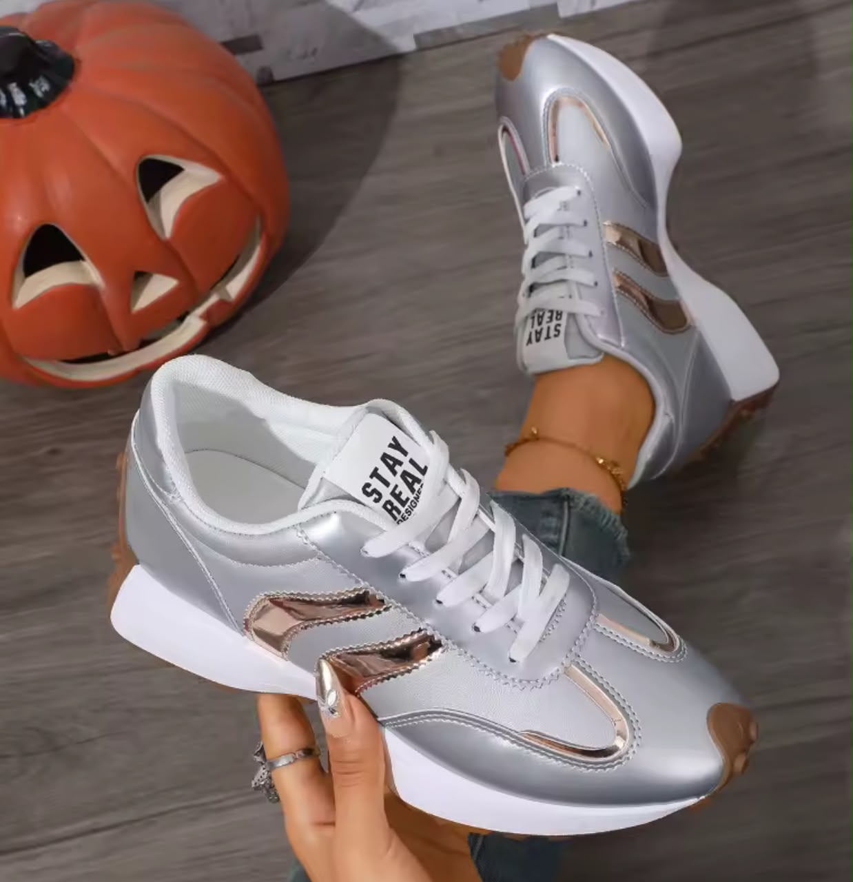 Stay Real Sneakers – Silver & Gold Stripes image 3