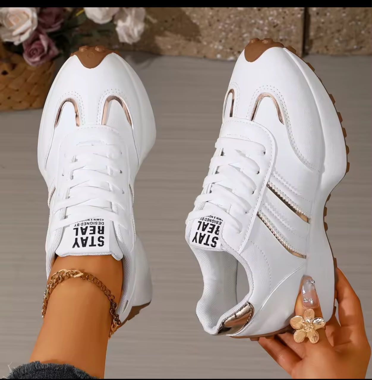 Stay Real Sneakers – White & Gold Stripes image 2