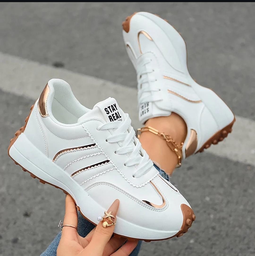 Stay Real Sneakers – White & Gold Stripes image 3
